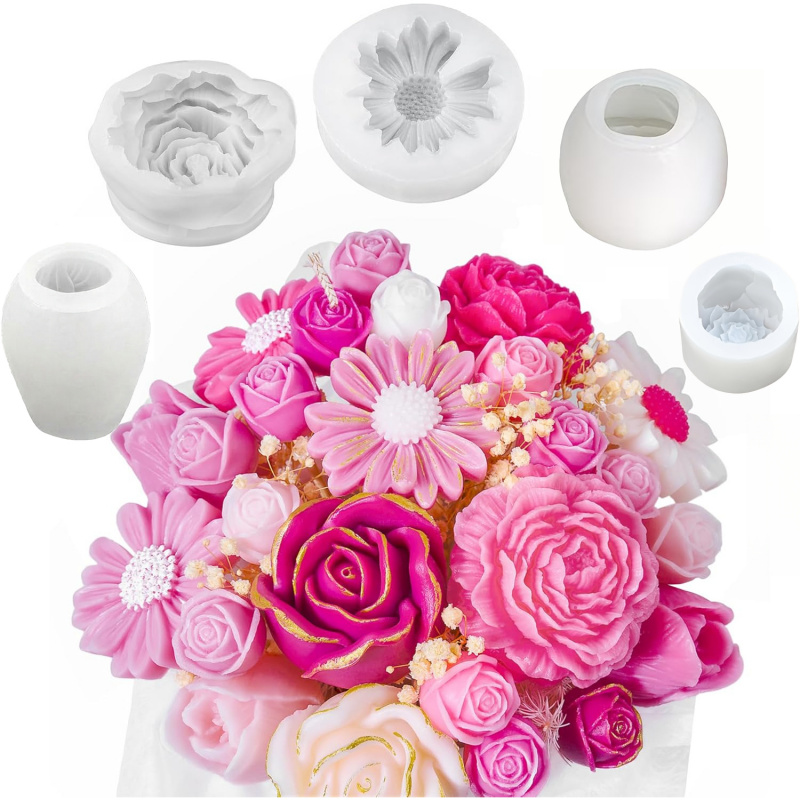 Candle Making Supplies Wholesale - 5Flower Candle Mold Set，3D Floral silicone
